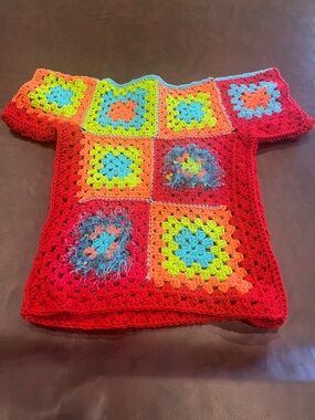 Handmade Crocheted Women’s Seater in Red & Bright Multicolor